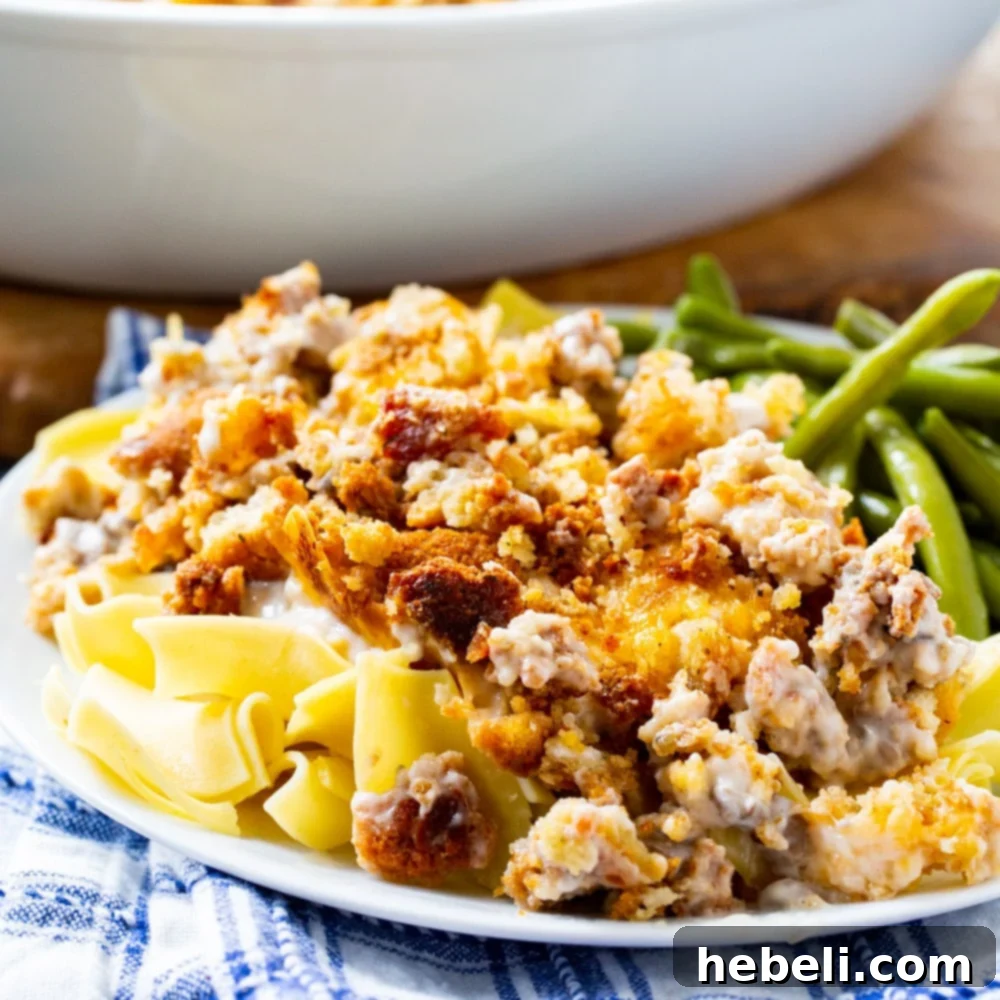 A delectable close-up of Sandy's Chicken, a baked chicken with savory stuffing and melted cheese, perfectly portioned over a bed of egg noodles with a side of vibrant green beans, ready to be enjoyed.