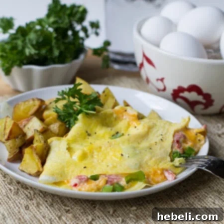 A freshly cooked pimiento cheese omelet beautifully presented on a plate, with fresh parsley garnish and eggs in the background, suggesting a gourmet breakfast.