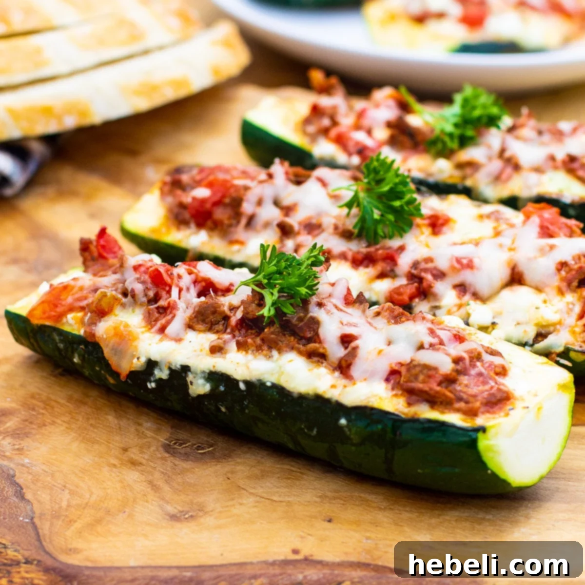 Three perfectly baked Lasagna Zucchini Boats arranged on a rustic wooden cutting board, showcasing their rich filling and golden-brown cheese topping.