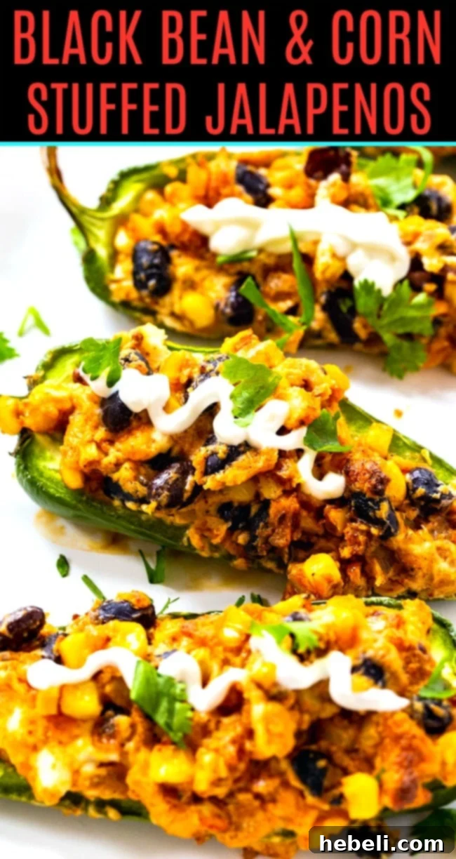 Fiesta Black Bean and Corn Jalapenos 8 Beautifully arranged Black Bean and Corn Stuffed Jalapenos, ready to be served.