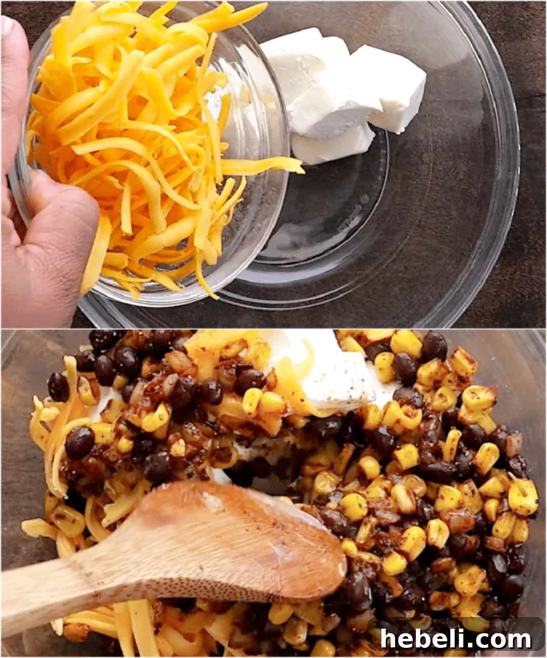 Fiesta Black Bean and Corn Jalapenos 3 Cream cheese mixture in bowl, ready for the savory filling.