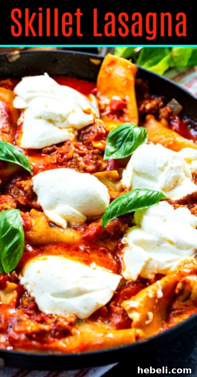 A top-down shot of Easy Skillet Lasagna garnished with fresh basil, showcasing its rich texture and quick preparation.