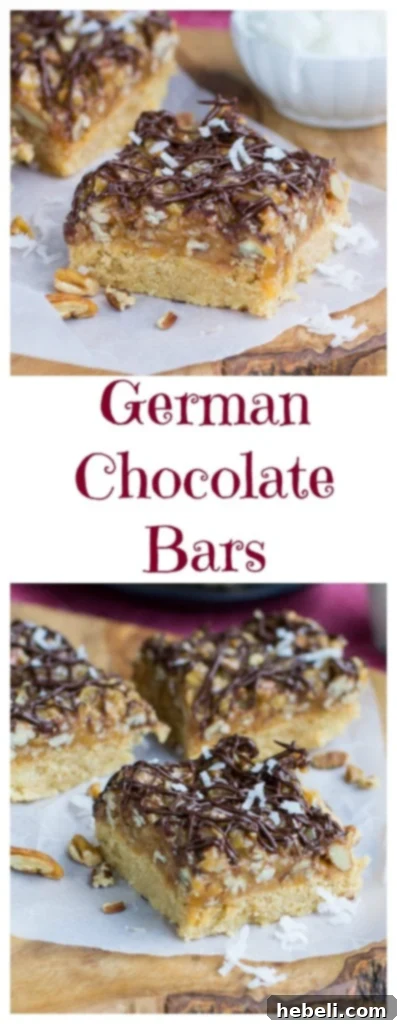 German Chocolate Squares 2 German Chocolate Bars - super easy to make with a shortbread crust and caramel, chocolate, coconut, and pecans on top. A close-up view showing the rich, textured layers of this classic dessert.