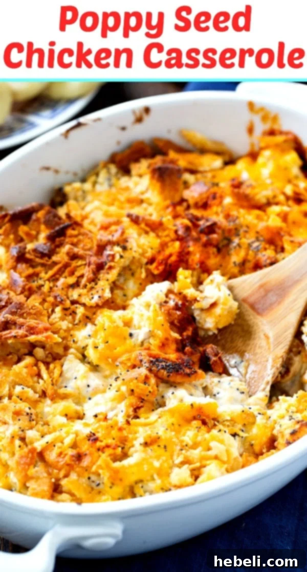 Classic Poppy Seed Chicken Casserole 6 Close-up of a serving of Poppy Seed Chicken Casserole on a plate, showing the creamy chicken and crunchy Ritz topping.