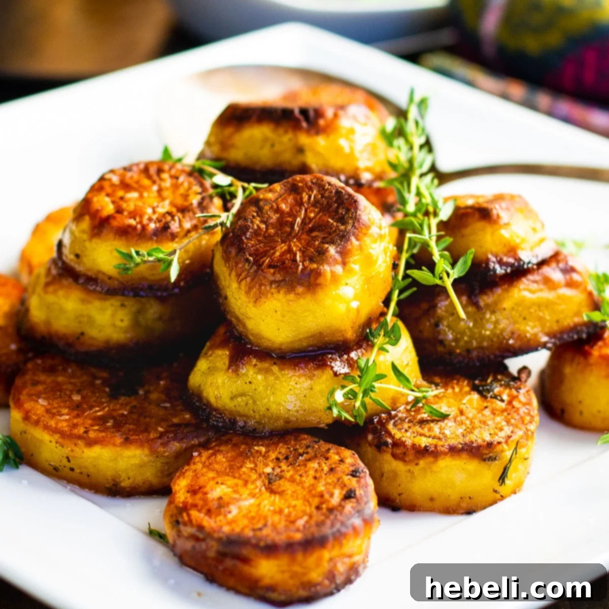 A generous serving of Melting Potatoes, perfectly golden brown and crispy, piled high on a pristine white plate, ready to be enjoyed.