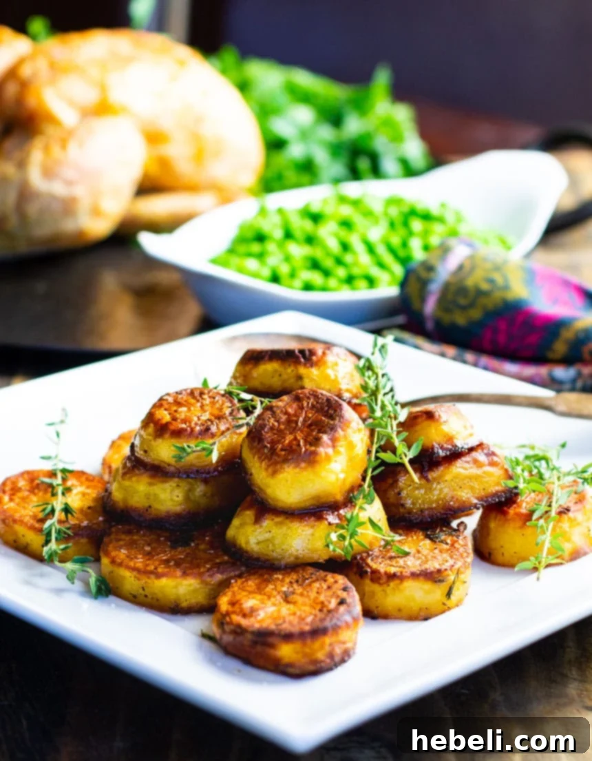 Close-up of crispy and tender Melting Potatoes served alongside a succulent piece of chicken and vibrant green peas, showcasing a perfectly balanced meal.