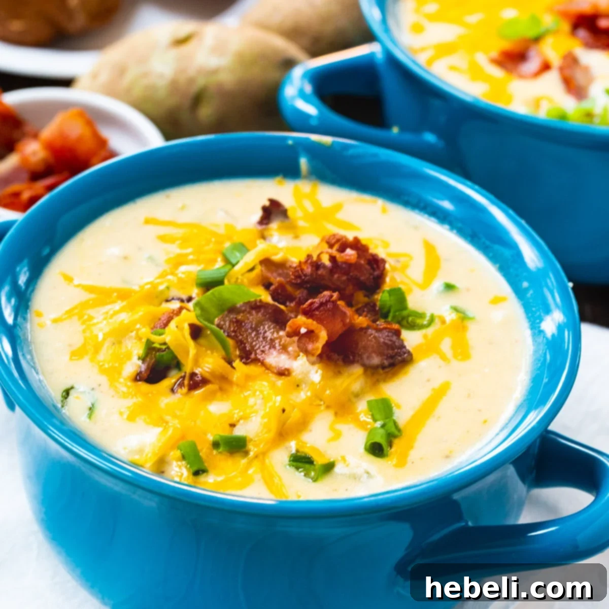 A rich, creamy Baked Potato Soup in a vibrant blue bowl, garnished generously with crispy bacon, shredded cheese, and fresh green onions.