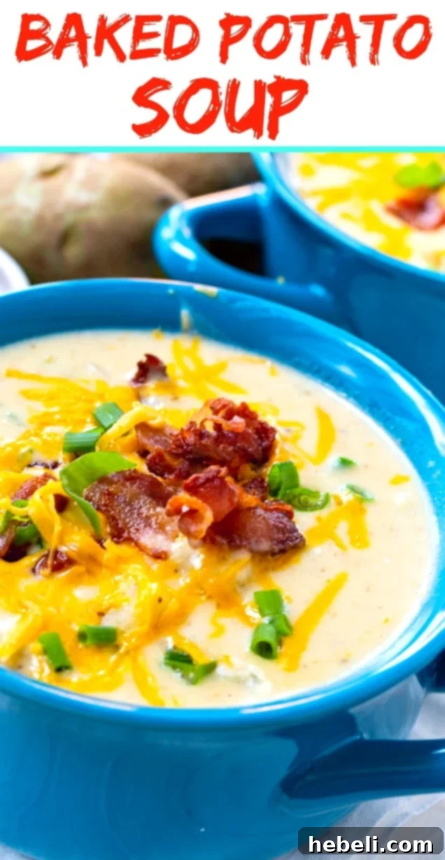 A large pot of creamy Baked Potato Soup ready to be served, showcasing its inviting texture.