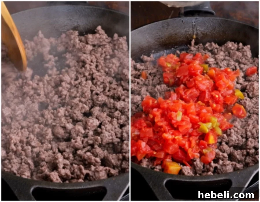 Comforting Ground Beef Supper 4 A vibrant red tomato and ground beef sauce simmering in a large skillet on the stovetop.