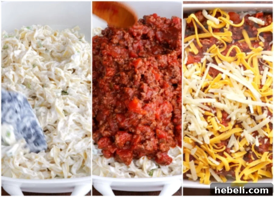 Comforting Ground Beef Supper 7 Hands assembling the ground beef casserole, layering the creamy noodles, rich beef sauce, and shredded cheeses in a baking dish.