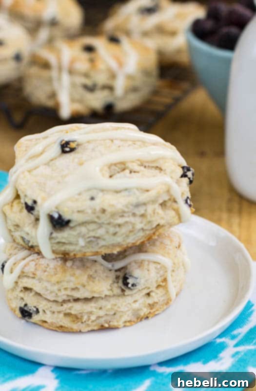 A stack of warm blueberry biscuits on a cooling rack, with more in the background