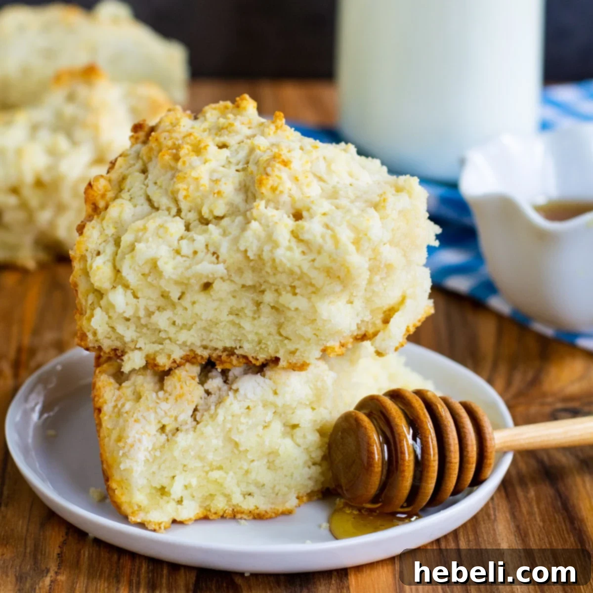 Two Cat Head Biscuits stacked on a plate, showcasing their fluffy texture.