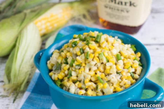 Whiskey Kissed Creamed Corn 2 Delicious Bourbon Creamed Corn in a serving dish