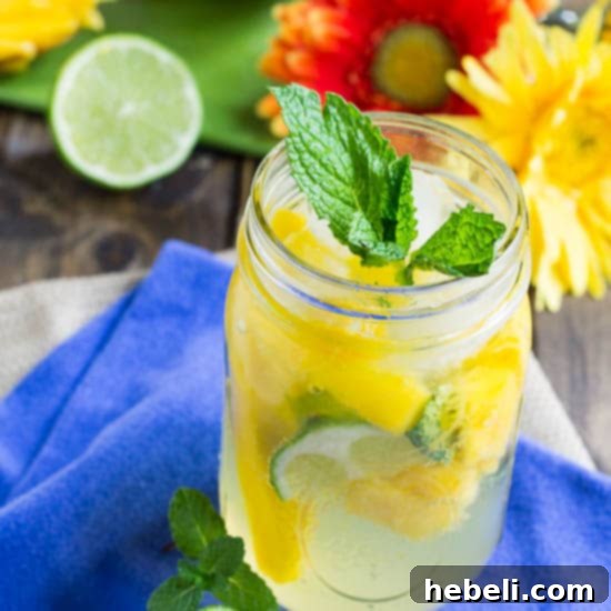 Tropical Mango Mojito 5 Finished Mango Mojito served in a tall glass with garnishes