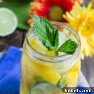 Mango Mojito cocktail in a glass with mint and mango garnish