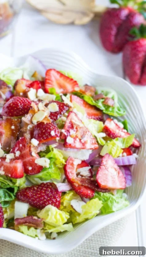 Strawberry Bacon Feta Rhapsody 4 Overhead view of a prepared Strawberry, Bacon, and Feta Salad ready to be served