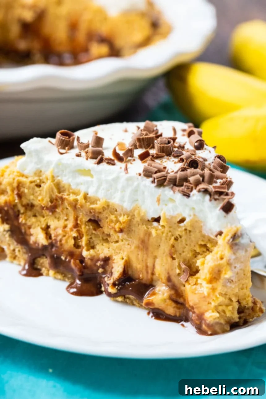 A beautifully presented slice of Peanut Butter Banana Pie topped with generous whipped cream and chocolate curls.