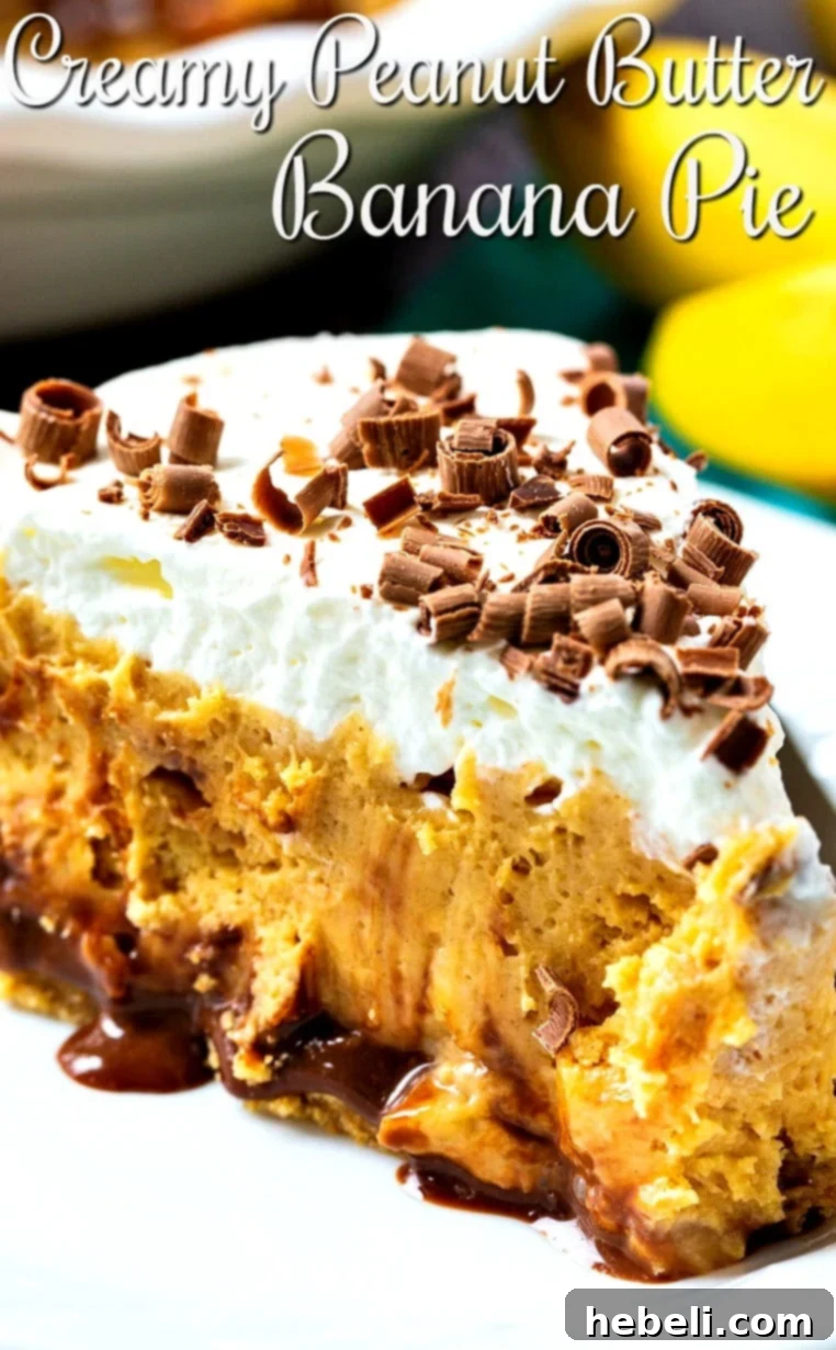 Close-up of a slice of Peanut Butter Pie with Bananas, emphasizing the fresh banana slices and smooth peanut butter layer.