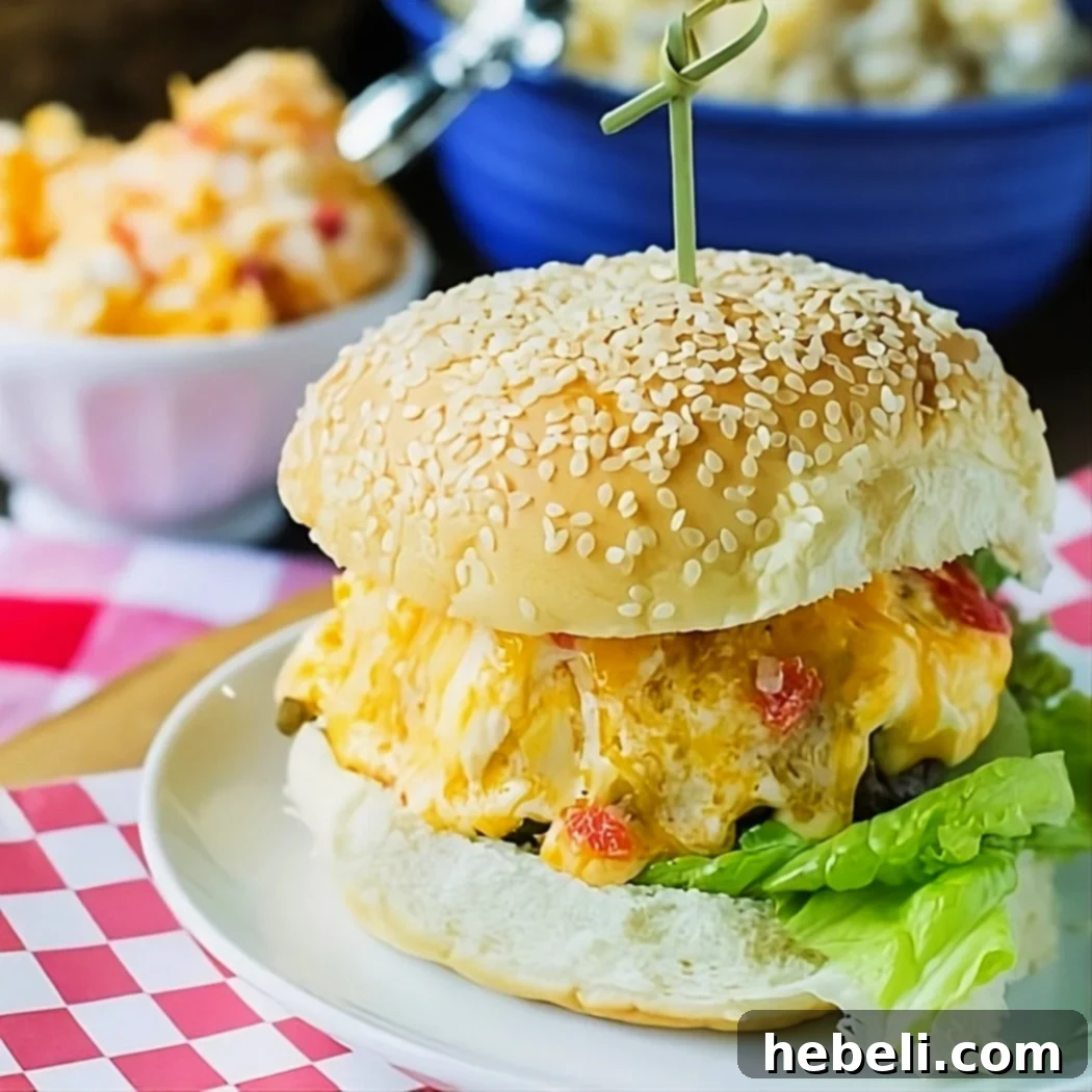 A close-up of a Southern Pimento Cheese Burger, showcasing the melted pimento cheese, fresh lettuce, and a toasted bun.