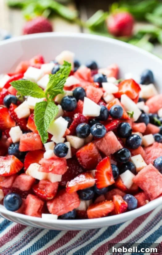Red, White, and Blue Fruit Salad with Watermelon, Strawberries, Blueberries, and Jicama