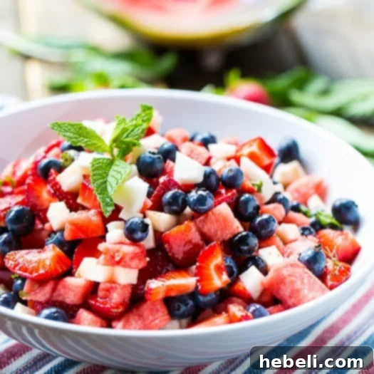 Close-up of Red, White, and Blue Fruit Salad ingredients