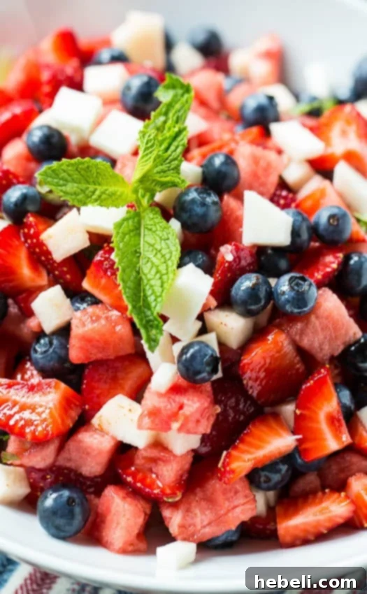 Delicious Red, White, and Blue Fruit Salad on a serving platter