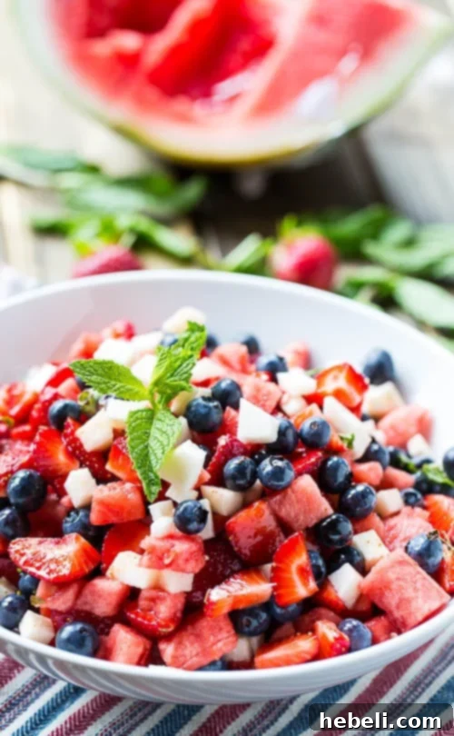 Overhead view of Red, White, and Blue Fruit Salad