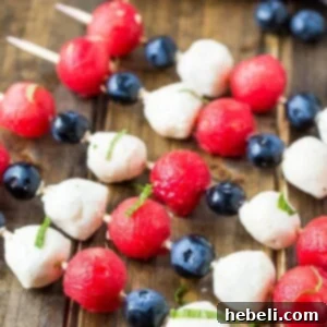 4th of July Fruit Kabobs with watermelon, blueberries, and mozzarella balls.