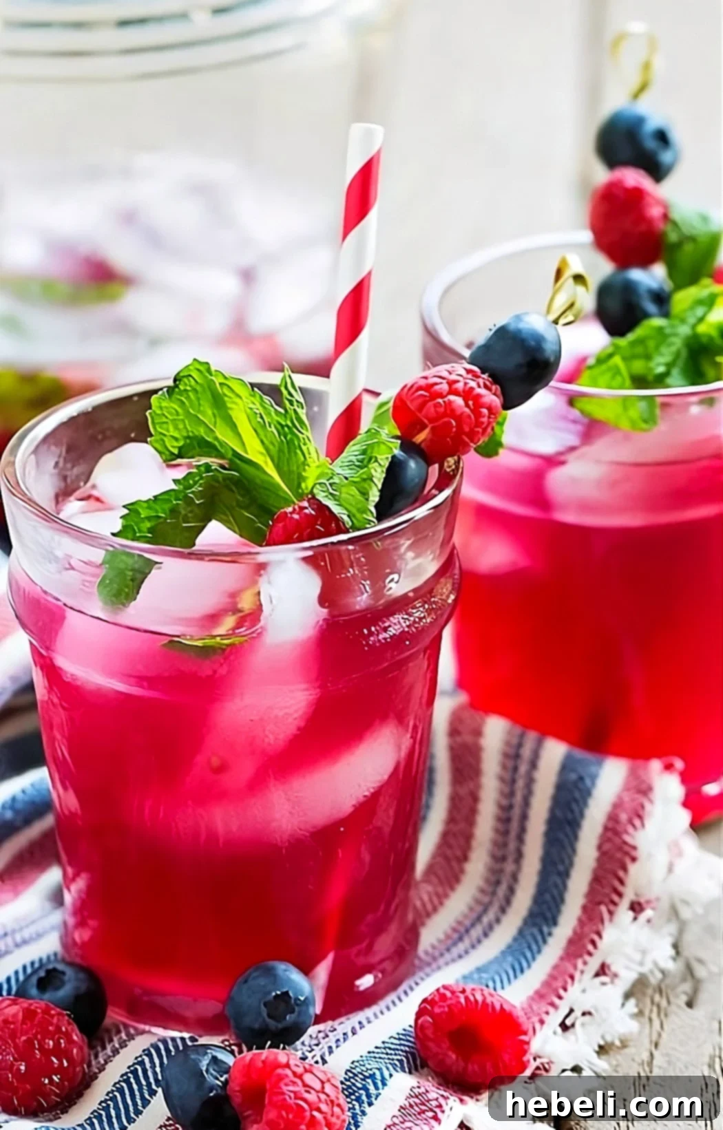 Two Berry Mojitos in cocktail glasses with fresh mint and berries