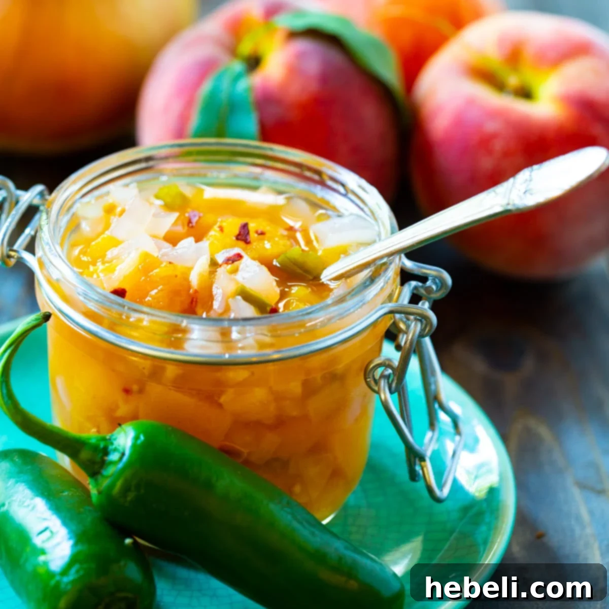 Peach-Vidalia Onion Relish in a glass jar surrounded by fesh peaches.