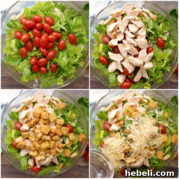 Hearty Chicken Caesar Pasta Salad 4 Adding fresh ingredients like sliced romaine lettuce, grape tomatoes, and green onions to the pasta and dressing mixture