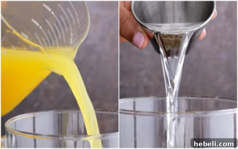 Inverted Aloha 4 Ingredients being poured into a pitcher for the Pineapple Upside Down Cocktail.