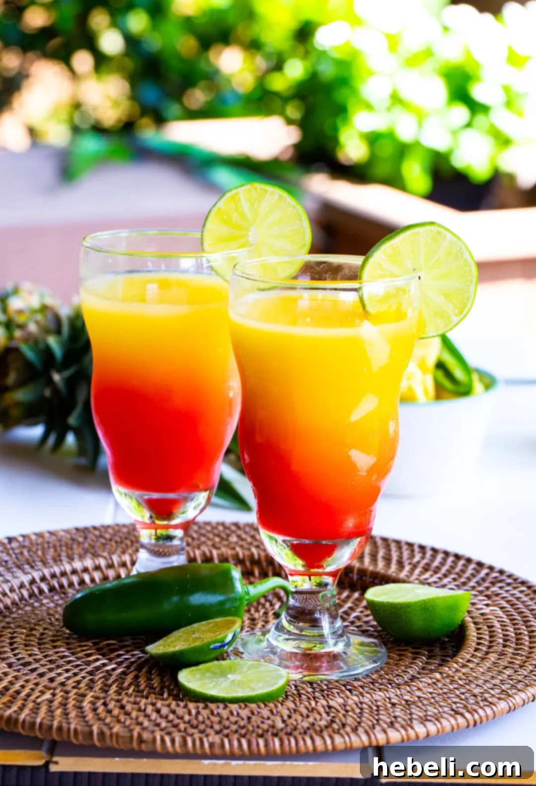 Fiery Agave Dawn 6 Spicy Tequila Sunrises arranged on a stylish rattan serving tray.