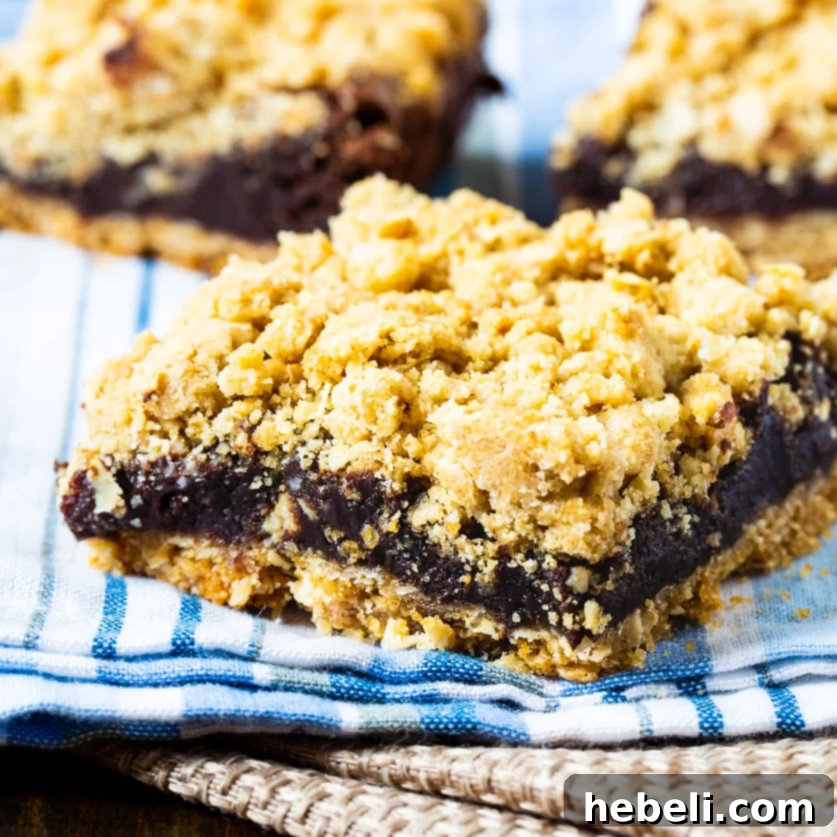 Decadent Chocolate Fudge Oat Bars 2 Perfectly sliced Chocolate Fudge Oatmeal Bars arranged on a rustic wooden cutting board.