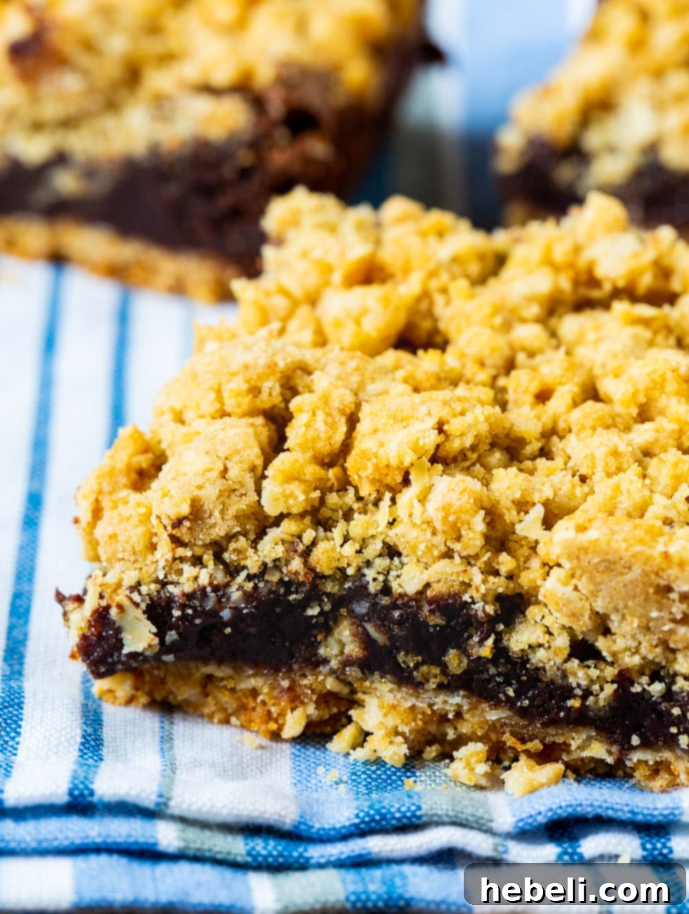 Decadent Chocolate Fudge Oat Bars 4 Detailed close-up showing the distinct oatmeal crust, luscious fudge, and crumbly topping of the Chocolate Fudge Oatmeal Bars.