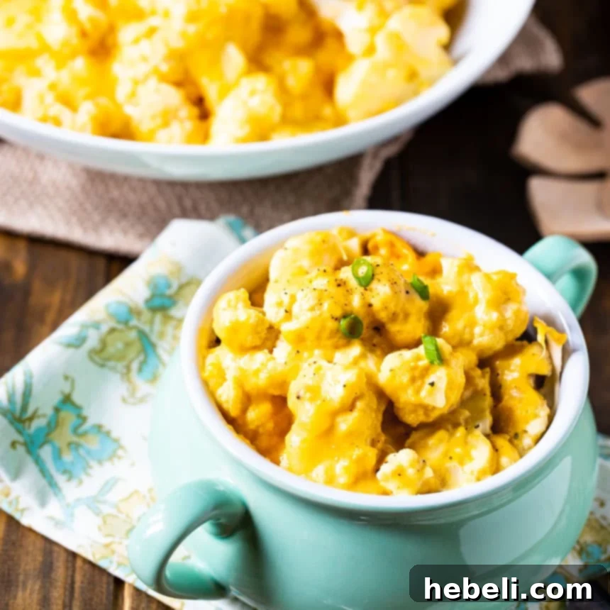 Creamy Slow Cooker Cheesy Cauliflower 2 A light blue bowl filled with a generous serving of cheesy cauliflower, ready to be enjoyed.