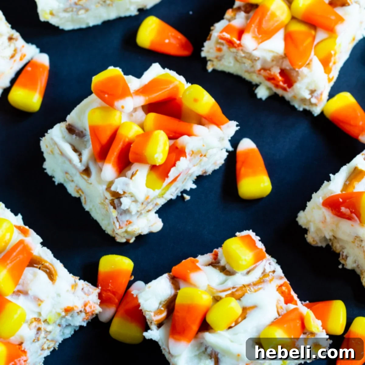 Squares of Candy Corn Fudge on a dark background, showcasing its festive layers and smooth texture.