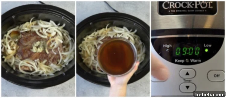 All remaining ingredients, including onions, beef broth, and spices, added to the slow cooker with the roast.