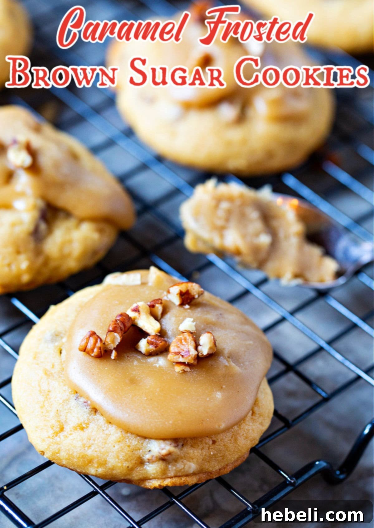 Caramel Frosted Brown Sugar Cookies glistening on a cooling rack.