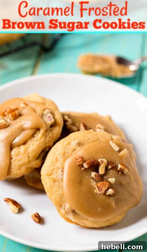 Close up of a single Caramel Frosted Brown Sugar Cookie showcasing its rich frosting and pecan topping.