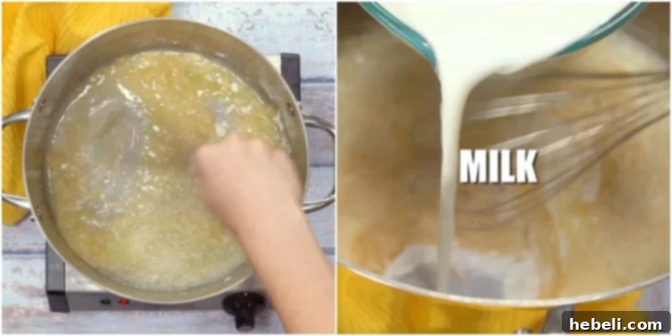 Golden Baked Ham Macaroni 4 Step-by-step image showing melted butter and flour being whisked together to form a roux for the béchamel sauce.