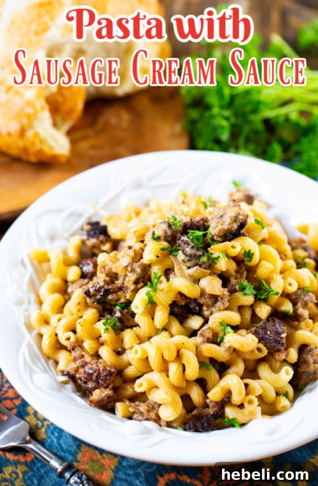 Creamy Sausage Pasta 4 Close-up shot of creamy Pasta with Sausage Cream Sauce in a rustic bowl.