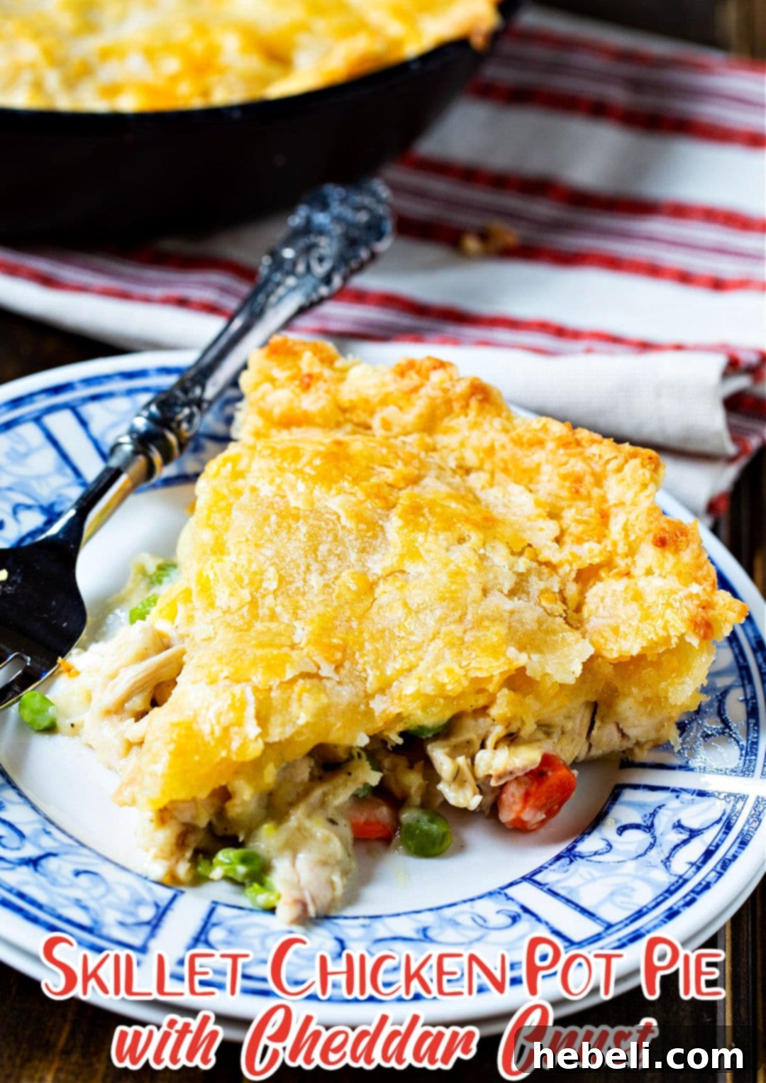 Cheddar Crusted Skillet Chicken Pot Pie 5 Slice of Skillet Chicken Pot Pie with Cheddar Crust on a plate, ready to eat.