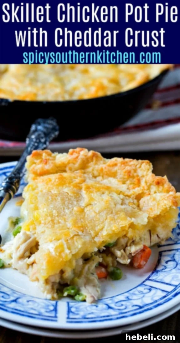 Cheddar Crusted Skillet Chicken Pot Pie 7 Skillet Chicken Pot Pie with Cheddar Crust, a wide shot.