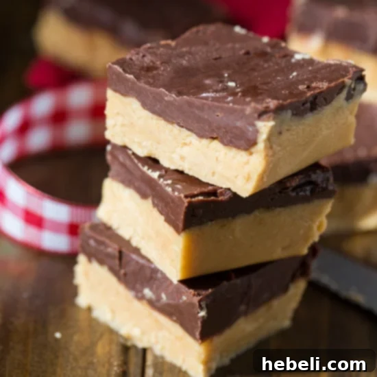 Rich Buckeye Fudge with a thick peanut butter layer topped by smooth chocolate.