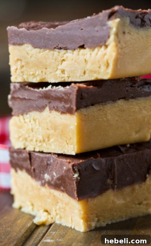 Close-up of Buckeye Fudge, showing distinct layers of peanut butter and chocolate.