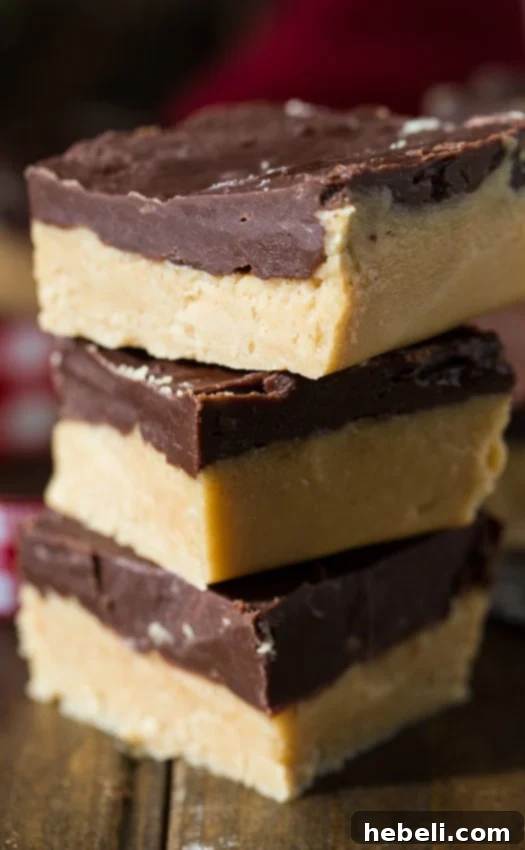 Perfectly sliced Buckeye Fudge squares, ready to be enjoyed.