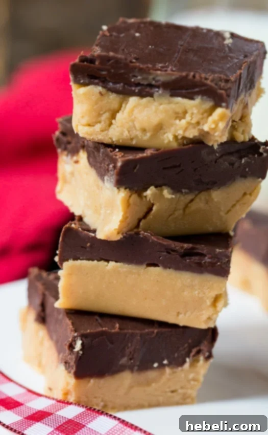 A stack of Buckeye Fudge squares, highlighting their rich layers and inviting texture.