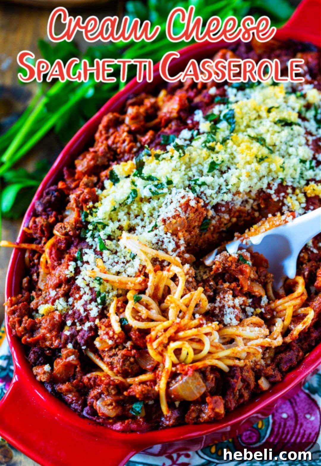 Full Cream Cheese Spaghetti Casserole in a baking dish, a perfect family meal.