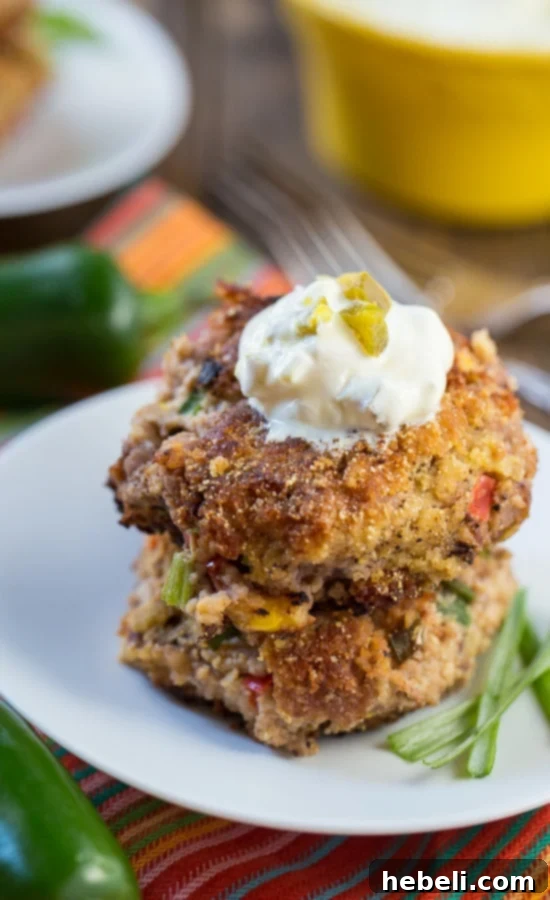 A serving of Jalapeno Black-Eyed Pea Cakes garnished with fresh green onions and a dollop of jalapeno sour cream, illustrating a complete and flavorful Southern New Year's meal.